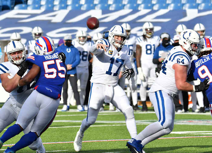 Indianapolis Colts quarterback Philip Rivers passes during Saturday's 27-24 AFC Wild Card Playoff loss to the Buffalo Bills.